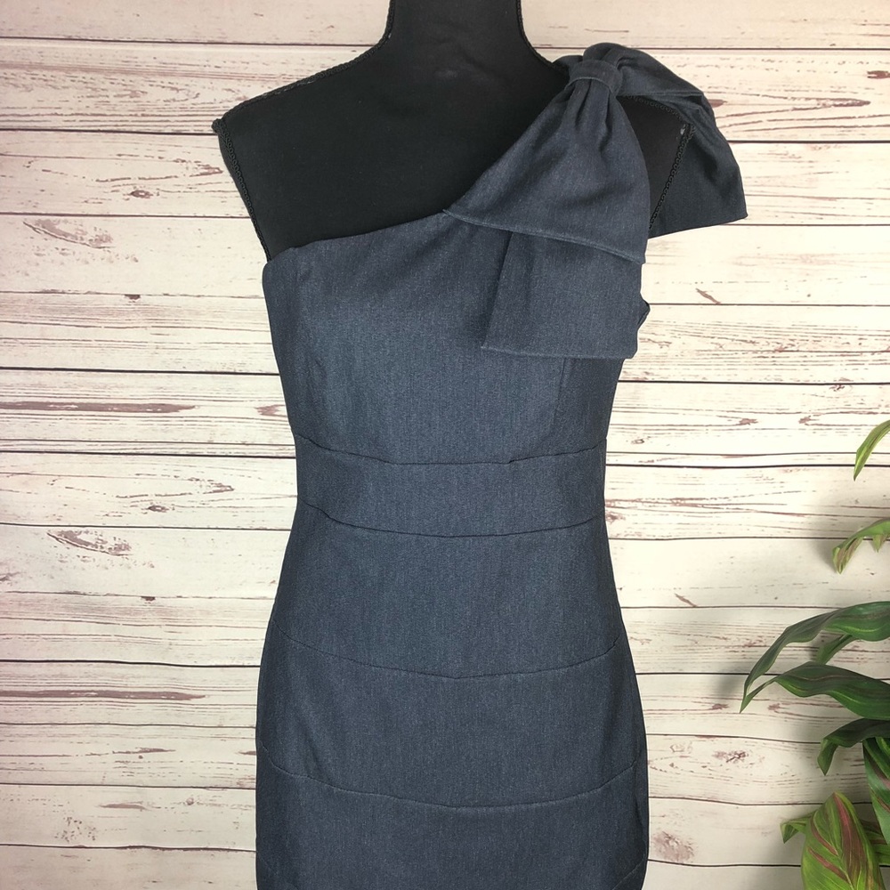 Dark chambray one shoulder bow cocktail dress